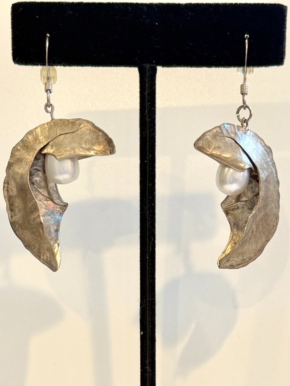 Handmade Silver Oyster Shell & Pearl Coastal Dangle Statement Earrings
